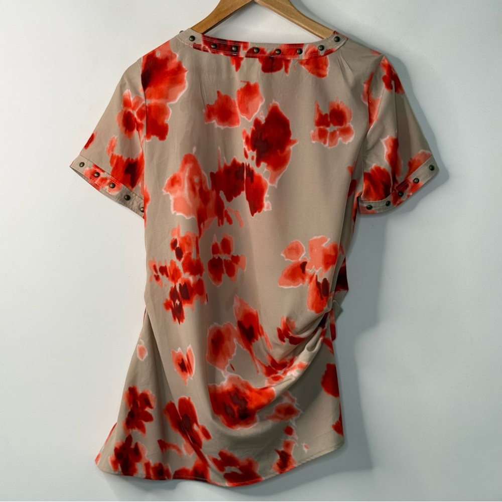 Michael Michael Kors Womans Floral Top Blouse Rusched Side Short Sleeve Size 8 - Picture 7 of 10